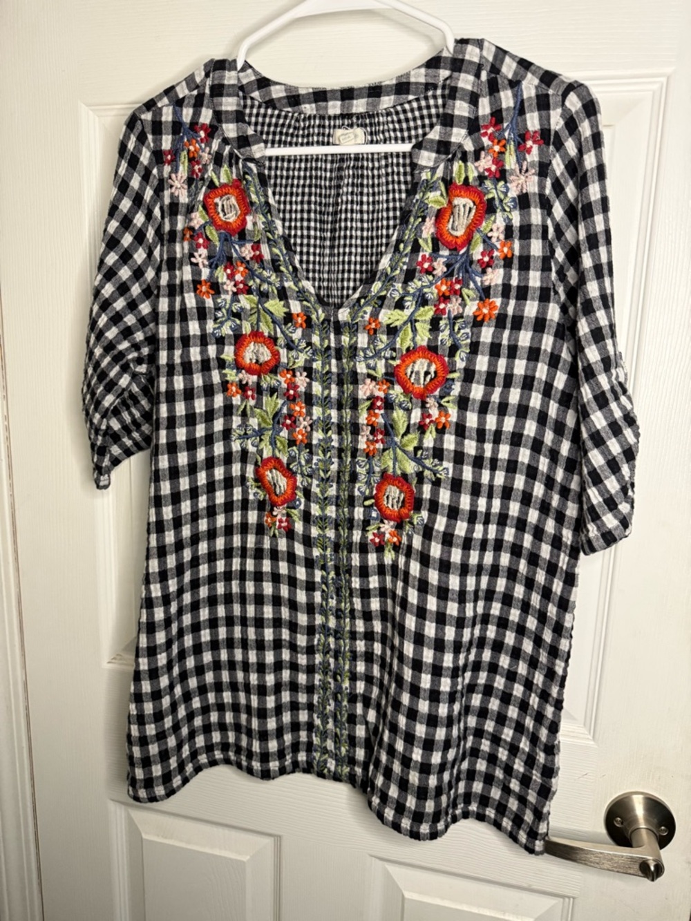 Kyla Seo Black & White Gingham Embroidered V-Neck Tunic